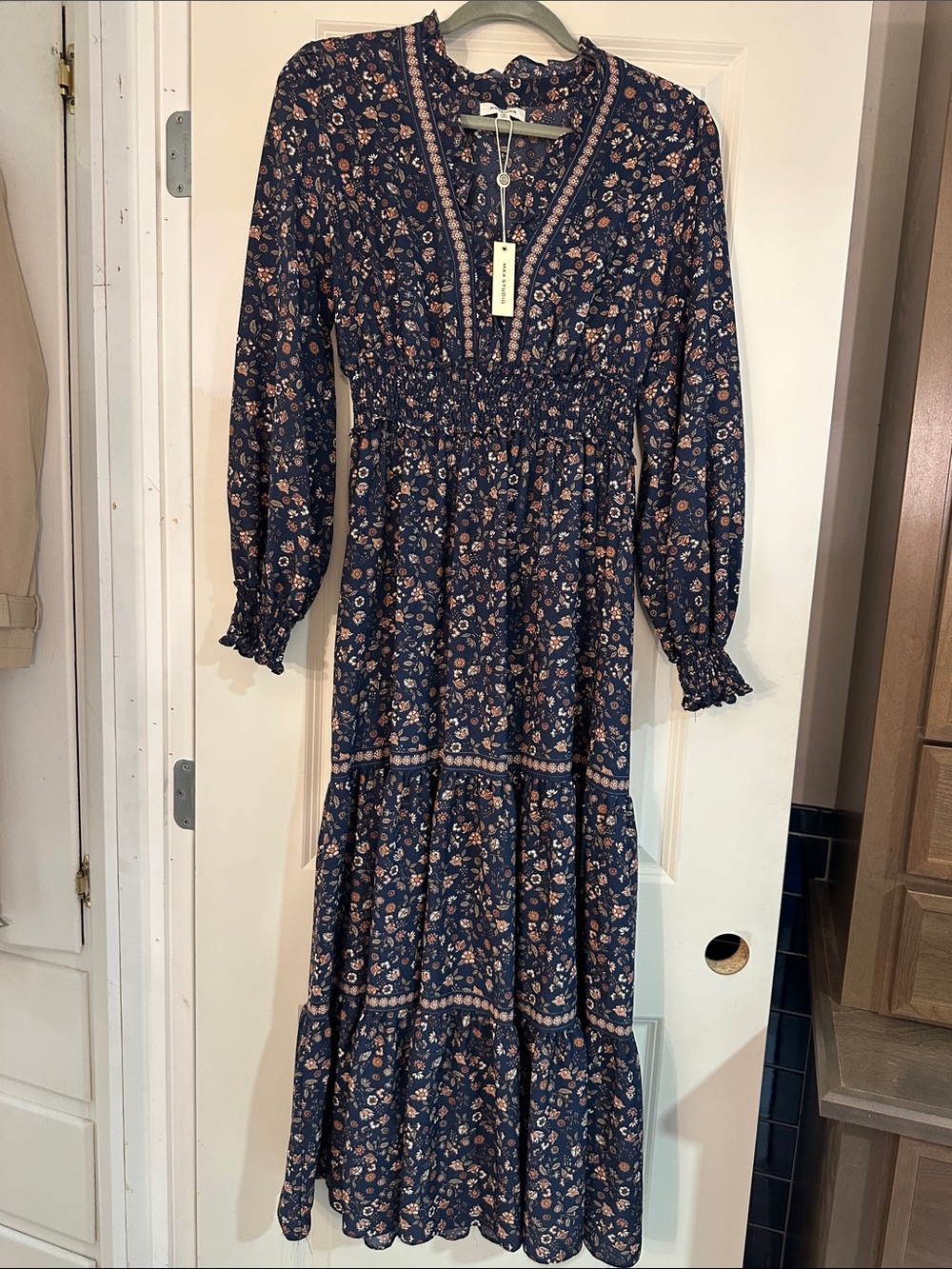 Long Navy Floral Tiered Dress
